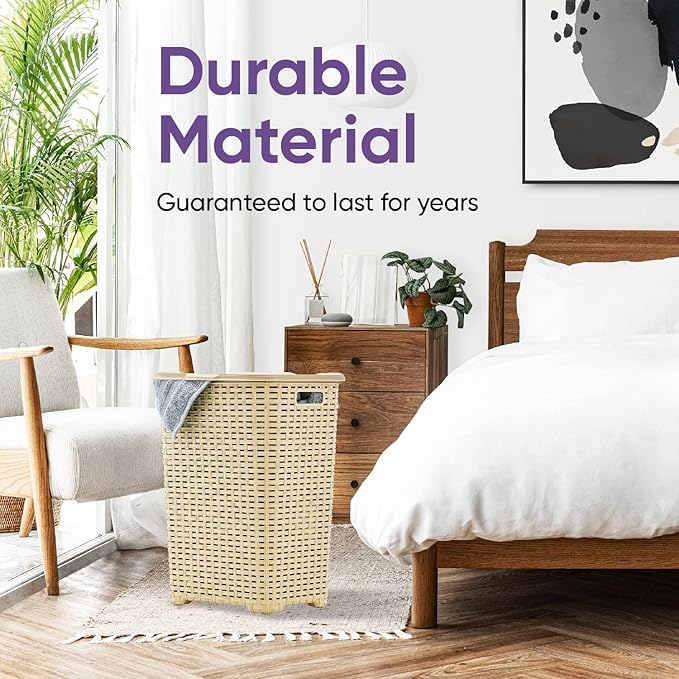 Plastic Laundry Hamper with Lid 3 Pack Laundry Hamper Basket, Beige Tall Cloths Hamper Organizer with Cut-out Handles. Space Saving for Laundry Room Bedroom Bathroom, Wicker Design 60 Liter