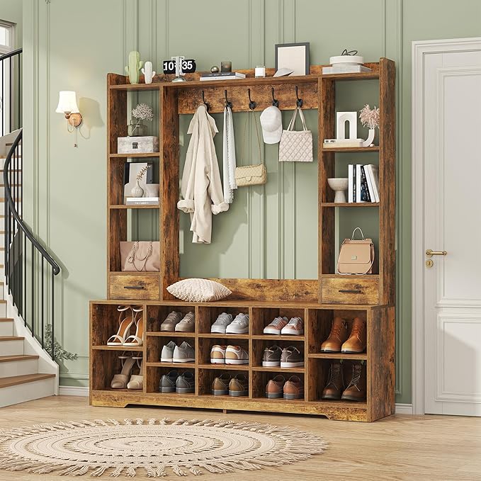 Semoic 61.6” Farmhouse Hall Tree with 2 Independent Drawers,6-in-1 Entryway Bench with Coat Rack Adjustable Shoe Storage for Foyer/Hallway,Retro