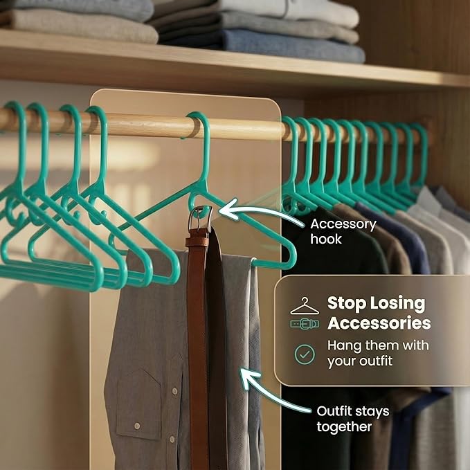 DEILSY™ Aqua Heavy Duty Hangers with Hooks for Scarves & Belts – Thick and Strong Clothes Hangers for Shirts, Jackets, Pants, and Dresses – Space-Saving Plastic Hangers – Pack of 50