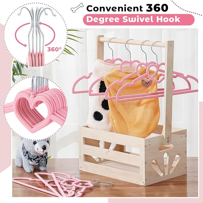 24 Pcs Pink Dog Clothes Hangers 13'' Non-Slip & 360° Swivel Pink Velvet Pet Hangers for Dogs and Cats Rustproof Metal Hooks, Space-Saving for Home Storage & Grooming Salons