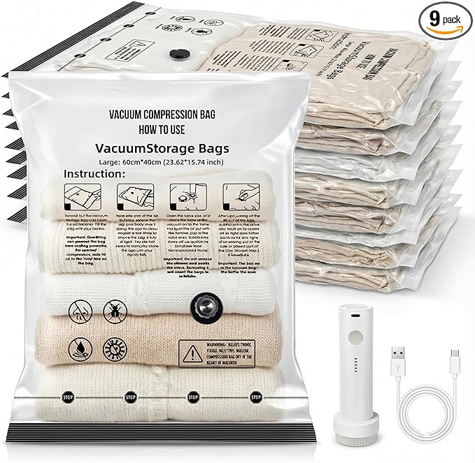 Vacuum Seal Bags for Clothing: 9 Pack Large Travel Vacuum Bags for Luggage with Rechargeable Electric Pump - Space Saver for Carry-On Packing