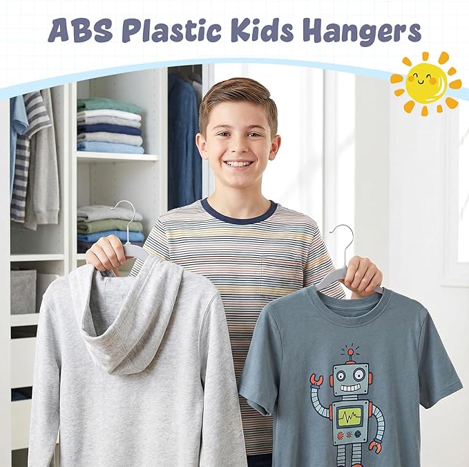 HOUSE DAY 13.5 Inch Kids Hangers 30 Pack - Premium ABS Plastic Clothes Hangers for Kids, Children, Preteens - Space Saving Thin Profile, Strong & Durable Hangers with 360° Swivel Hook - Gray