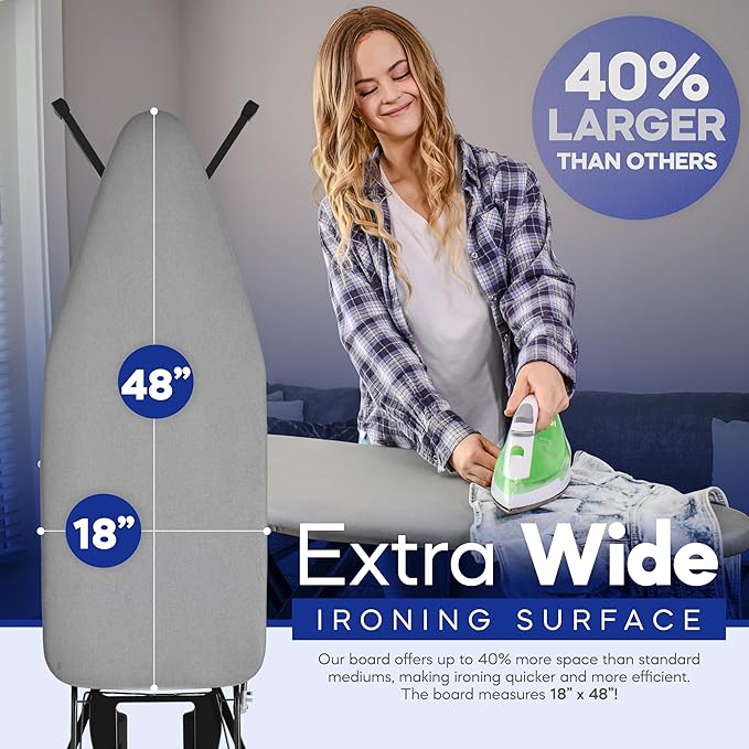 Extra-Wide Ironing Board – 48"×18" Large Surface (57" w/Iron Rest) • Built-in Clothes Rack, Hanger & Cord Holder • Heat-Resistant Cover • Heavy-Duty, No Wobble • Adjustable Height • Black Grey.