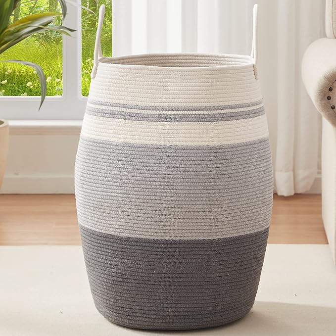 OIAHOMY Laundry Hamper Woven Rope Large Clothes Hamper 25.6" Height Tall Laundry Basket with Extended Handles for Storage Clothes Toys in Bedroom, Bathroom, Foldable (Dark Grey)