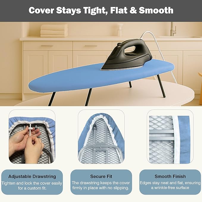 Small Ironing Board Cover and Pad 12"x32" Small Iron Board Cover with Padding, Tabletop Mini Ironing Board Cover and Pad Small Size, Cotton Canvas, Heat Resistant, Drawstring Closure Blue