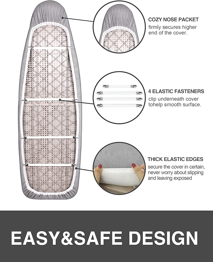 Ironing Board Cover and Pad 18"x49" Extra Wide Natural Cotton, Scorch and Stain Resistant Silicone, 6mm Thick Padding Iron Board Cover with Fasteners Heavy Duty Elastic Edge, Heatproof