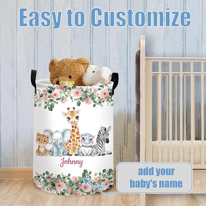 Custom Woodland Animals Laundry Basket for Kids, Personalized Name Baby Dirty Clothes Basket with Name and Handles, Customize Laundry Hamper, Personalized Laundry Basket for Nursery Girl
