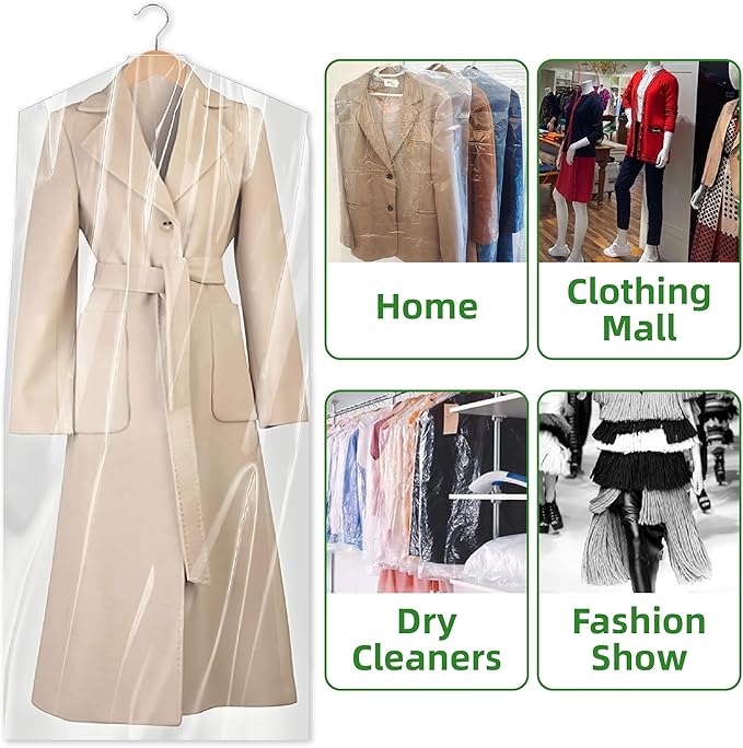 12 Pack Clear Plastic Garment Bags for Hanging Clothes, Dry Cleaning Bags 60x150 cm, Dust-Proof Clothing Protector Covers for Home Storage Travel Dry Cleaner
