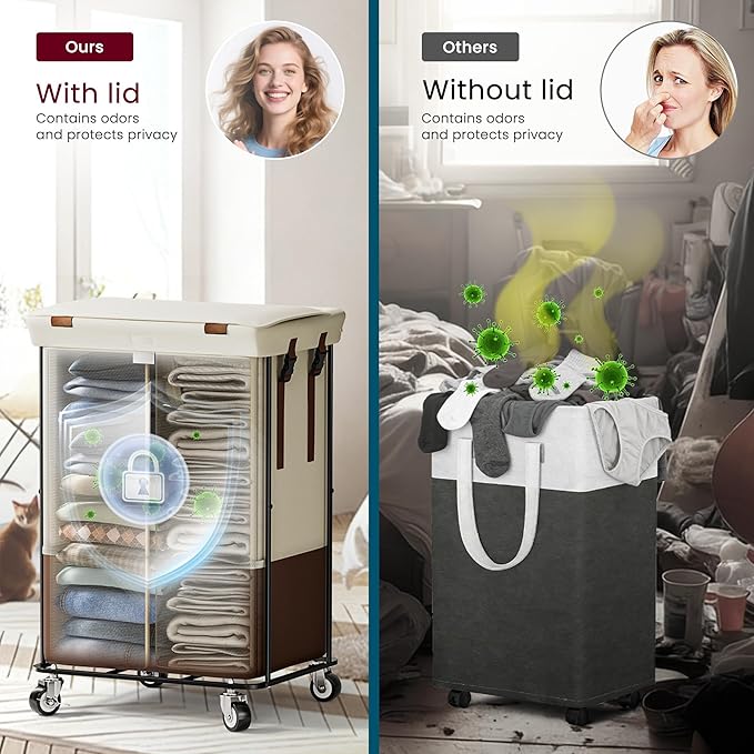 150L Rolling Laundry Basket with Wheels, Double Laundry Hamper with Lid and 2 Removable Bags, 2 Section Large Dirty Clothes Hamper for Laundry Room Bedroom Bathroom Dorm 19.7"Wx15.7"Dx31.9"H, White