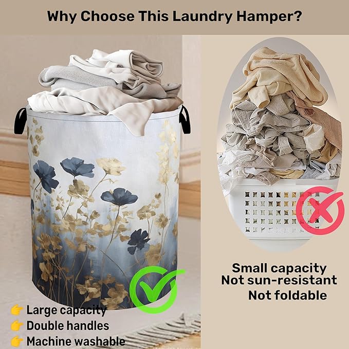 Blue Flowers Laundry Basket - Extra Large Foldable Laundry Hamper with Handles, Washable Storage Bin for Bathroom/Laundry/Bedroom/Dorm