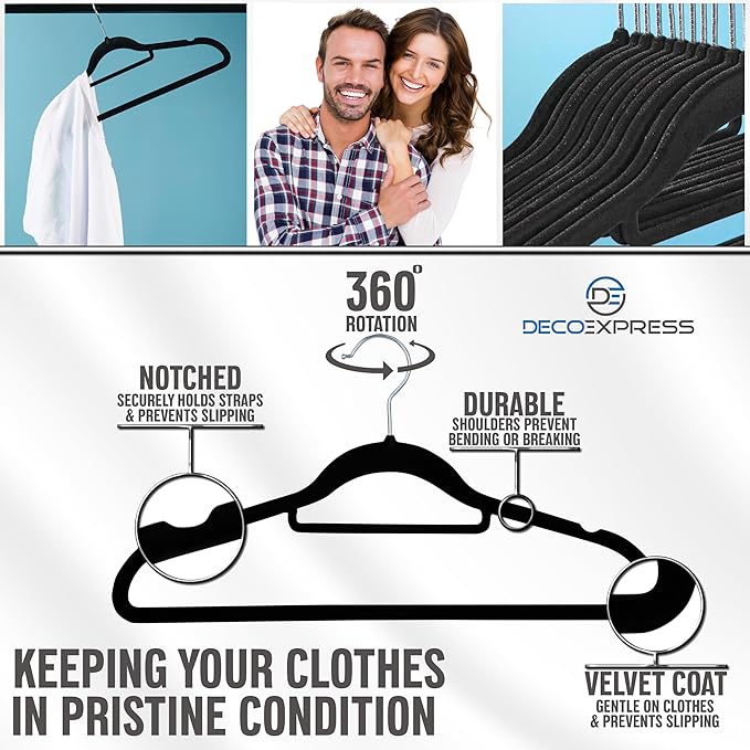 Deco Express Velvet Hangers, Space Saving Non Slip Coat Hangers for Clothes Multipack (Black, 50 Pack)