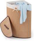 GOFLAME Corner Bamboo Laundry Hamper with Lid and Removable Liner, Washing Clothes Basket Storage Bin with Handle, Suitable for Bedroom, Bathroom, Laundry, Bamboo