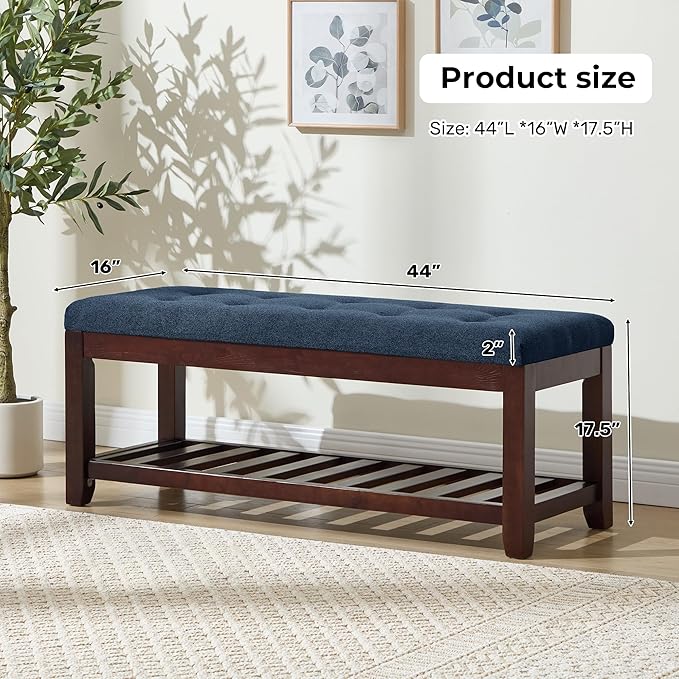 Shoe Bench Entryway, 44" End of Bed Bench,Upholstered Linen Bench for Living Room,Fabric Ottoman Bench with Solid Wood Shelf for Bedroom, Entrance Darkblue