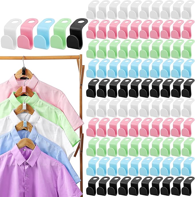 100 Pcs Clothes Hanger Connector Hooks,Plastic Cascading Hanger Hooks Extender Clips Connection Hooks,Space Saving Wardrobe Clothing Outfit Hangers Hooks for Organizer Closet Cabinet, 5 Colors
