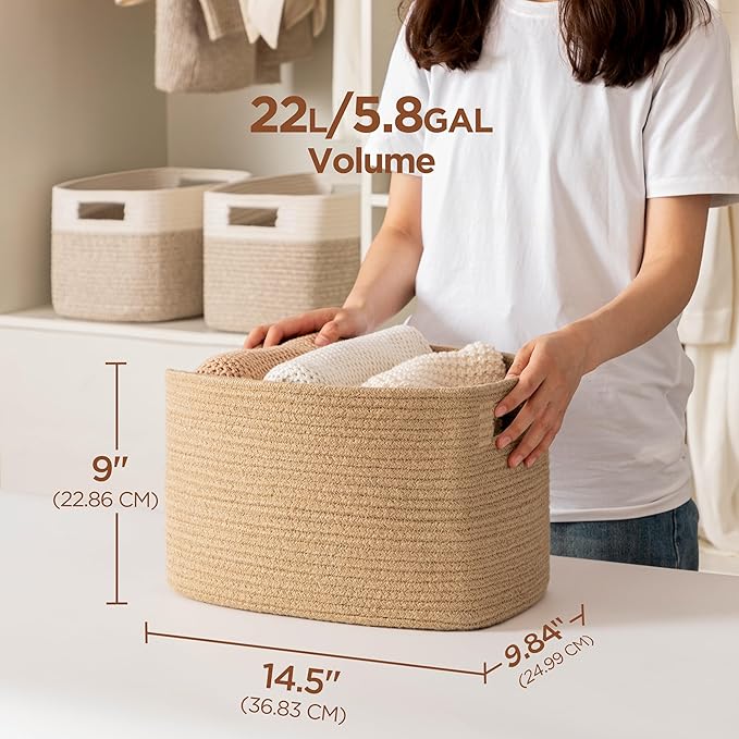 UBBCARE 2 Pack Storage Baskets for Organizing, Shelf Baskets with Handles, Woven Storage Baskets for Bookcase/Cube Shelf/Closet, 14.5"L x 9.8"W x 9"H, Jute