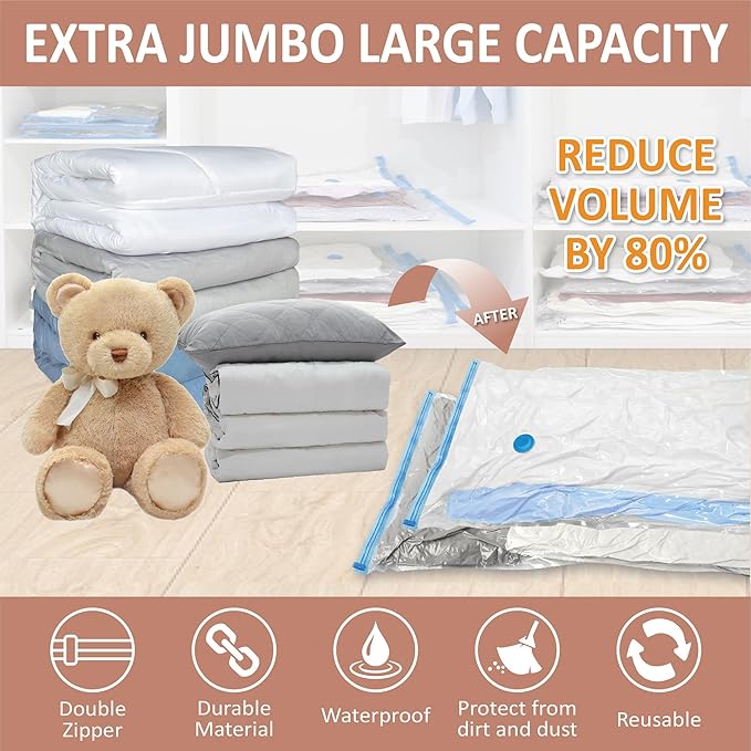 Cozy Essential 8 Pack XXL Jumbo Vacuum Storage Bags, Extra Sealed Bags for Comforters, Bedding, Blanket Storage, Space Saver Large Huge Stuffed Toy (47.2x35in), Transparent