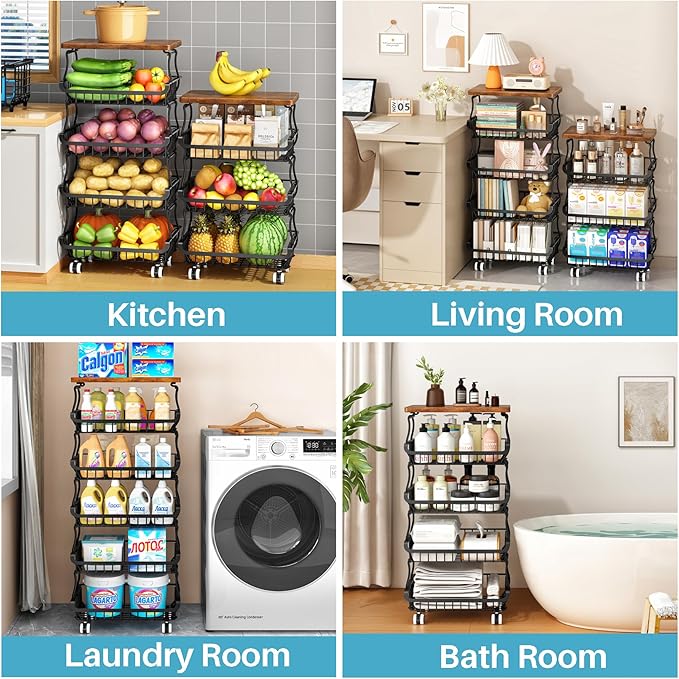 6 Tier Pantry Organizers and Storage Vegetable Fruit Basket for Kitchen, Stackable Flexible Design (3+3, 4+2, 5+1,6+0) Pantry organizers and storage for Kitchen Bathroom Livingroom Laundry Room Cart