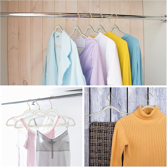 Weysat 20 Pcs Clear Acrylic Hangers Plastic Gold Glitter Coat Hanger Non Slip Space Saving Suit Heavy Duty Clothes Hanging with Non Slip Notches for Coats Pants Dress Clothes