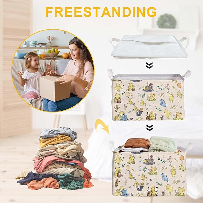 Winnie baby Stuff，Winnie Storage Nursery Basket, Large squarecanvas Laundry Hamper With A Waterproof PECoating, Foldable, Bathroom and Bedroom SetClothes ,Toys Bin, Baby Nursery HamperDecor