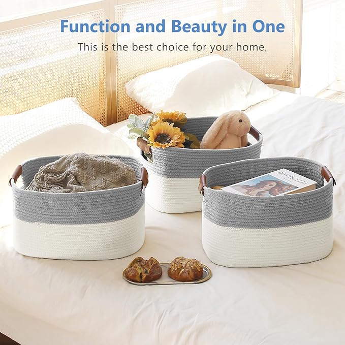 Cotton Rope Storage Baskets,15x10x9 in,Foldable Storage Bins, Decorative Woven Basket Cube Storage Organizer for Laundry, Towel, Clothes (White/Grey-2Pack, 15x10x9 inches)
