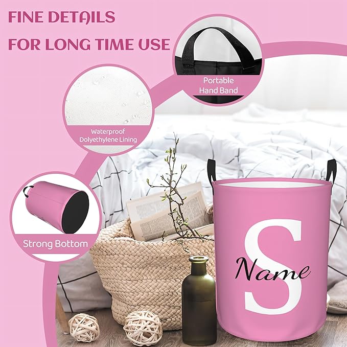 Custom Name Laundry Hamper, Personalized Laundry Basket with Name, Customized Dirty Clothes Storage Basket with Handles for Boys Girls Men Women Bathroom Bedroom(M)