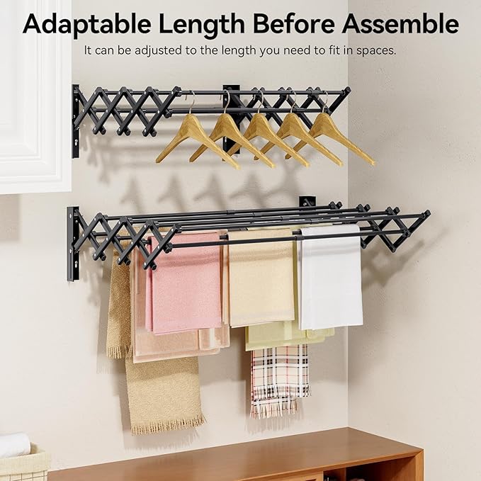 APEXCHASER Laundry Drying Rack Wall Mount - Towel Rack Collapsible, Accordion Clothes Drying Rack, Clothes Airer for Bathroom Balcony Laundry Room Wall Mounted, Drying Rack for Clothing, Black