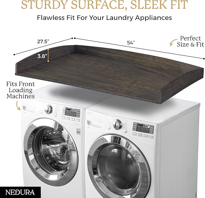 Nedura Washer Dryer Countertop w/Anti-Vibration Pads & Curved Edge Rails, Premium Bamboo Laundry Countertop, Washer Dryer Topper, Laundry Room Organization, Laundry Room Accessory - Espresso