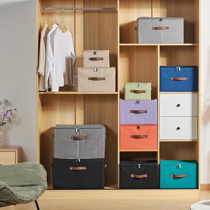 2 Pack Storage Bins with Zipper Lid Cotton Linen Fabric Lidded Storage Baskets Boxes Foldable Washable Closet Shelf Clothes Organizer Container with PU Leather Handles (Teal Blue, Large)