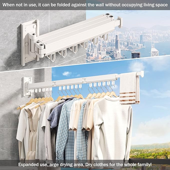 Wall Mounted Clothes Drying Rack, Collapsible Laundry Drying Rack, Retractable Foldable Drying Rack Clothing for Hanging Clothes,White-Rings