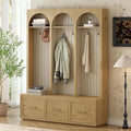 Merax Farmhouse Wood Hall Tree with Shoe Bench and 3 Drawers, 4-in-1 Coat Rack with 8 Hooks for Entrance, Hallway, Mudroom Natural