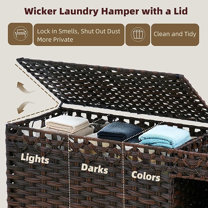 Laundry Hamper with Lid, 160L Rattan Wicker Laundry Basket with Wheels, Handwoven Laundry Hamper 3-Section with Storage shelf(42.3 Gal), Laundry Sorter Basket with Removable Liner,Brown HLH033BR