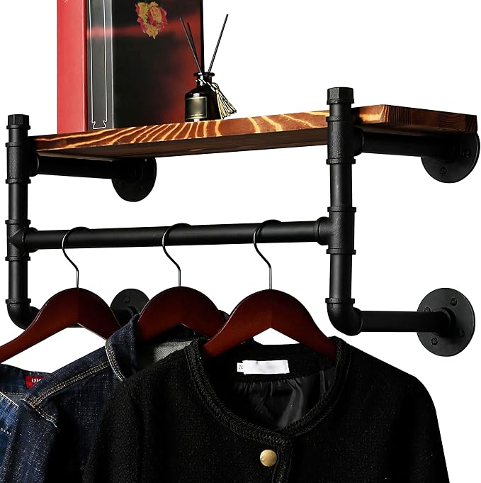 WEBI Wall Mounted Clothes Rack with Shelf,24" Industrial Pipe Clothing Rack with Shelves,Heavy Duty Iron Garment Bar,Retail Display Clothes Rod for Laundry Room,Black