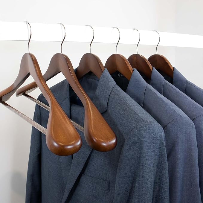Wooden Hangers with Wide Shoulder Design,Suit Hangers with Non Slip Pants Bar, Smooth Finish for Heavy Clothes,Sweater Coat Hanger for Closet (Mahogany,6 Pack)