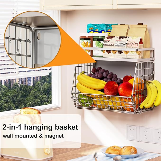 Fruit Basket 2 IN 1 Magnetic & Hanging Wall Produce Basket with Spice Rack for Potato and Onion Storage for Pantry,Kitchen Countertop and Fridge Organizer,2 PCS