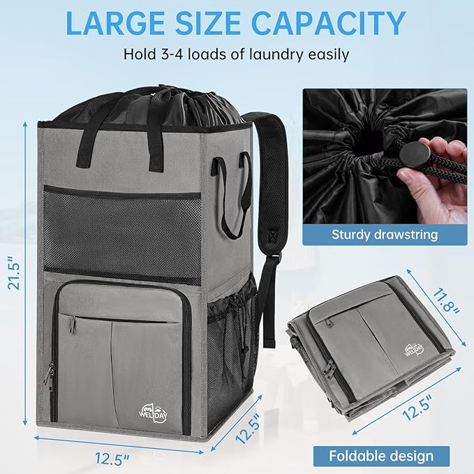 Laundry Backpack Bag,(Only Bag) Extra Large 2 in 1 Laundry Hamper Basket with Shoulder Straps, Freestanding Laundry Bag for College Dorm, Laundromat, Apartment