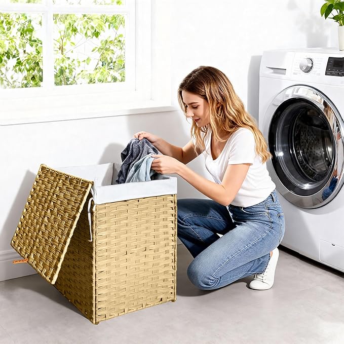 Wicker Laundry Hamper with Lid,34 Gal(130 L) Rattan Laundry Basket 2 Sections with Lid, Removable Machine Washable Line, Large Clothes Hamper with Handles for Bathroom Bedroom, Yellow
