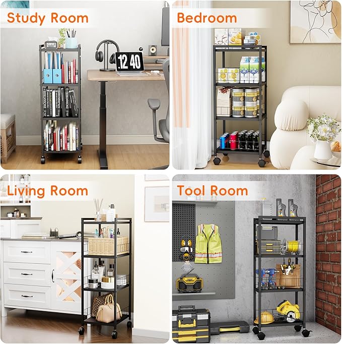 Expandable Slim Storage Cart with Wheels, 4 Tier Narrow Metal Rolling Utility Cart Organizer Adjustable Open Floor Shelf Unit for Small Spaces Bathroom Laundry Room Kitchen