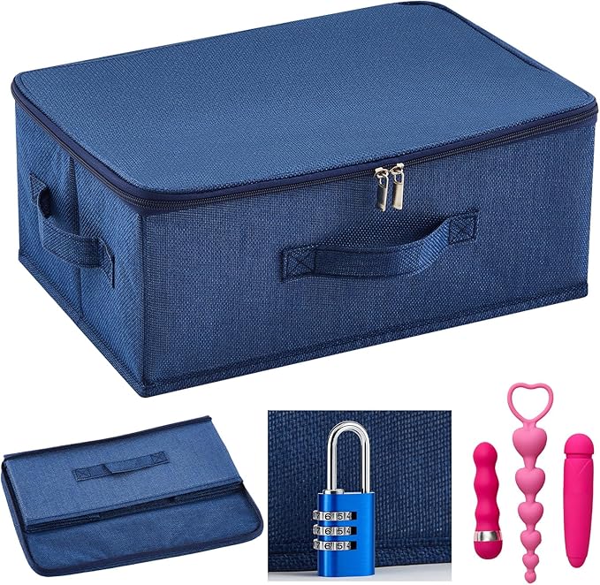 Discreet Lockable Toy Bag Storage Organizer Toy Bag Storage Bins Case with Zipper Lid for Women and Men Clothes Container(Dark Blue,15 x 10 x 6.3 Inch)
