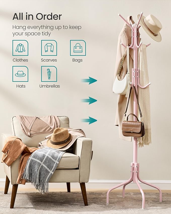 SONGMICS Coat Rack Freestanding, Metal Coat Rack Stand with 12 Hooks and 4 Legs, Holds Clothes, Hats, and Bags, for Entryway, Living Room, Bedroom, Jelly Pink URCR031R01