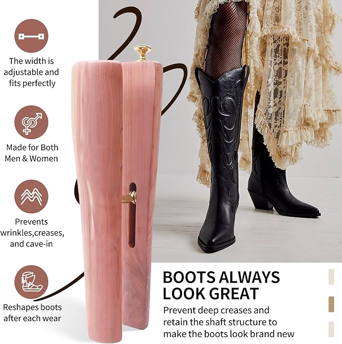 Cedar Boot Tree for Tall & Cowboy Boots, Adjustable Boot Stretcher Calf, 100% Natural Cedar, Reduce Creases Sagging