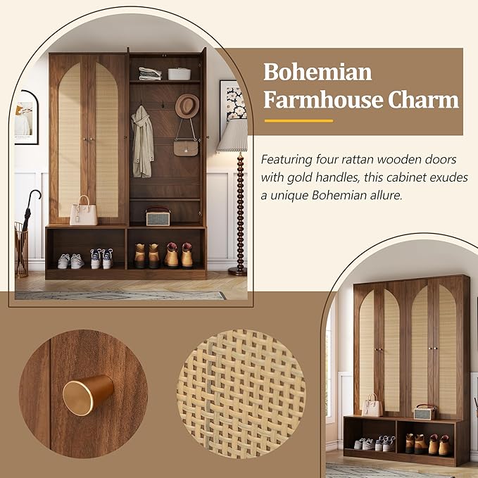 Bohemian Farmhouse Widen Hall Tree with 4 Rattan Doors, Versatile 4-in-1 Hall Tree, Mid-Century Entryway Shoe Cabinet with Adjustable Shelf and 6 Hooks, Seating Bench for Living Room