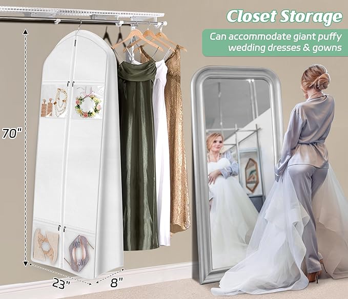 MISSLO Portable 70" Wedding Dress Garment Bag with Bride Tote Bag 8'' Gusseted Dress Bags for Gowns Long 4 Pockets Dress Cover for Women, White