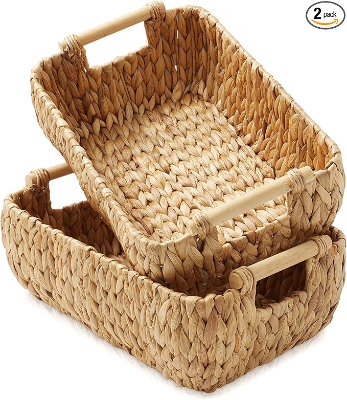 Casafield Set of 2 Water Hyacinth Oval Storage Baskets with Wooden Handles - Medium, Woven Bin Organizers