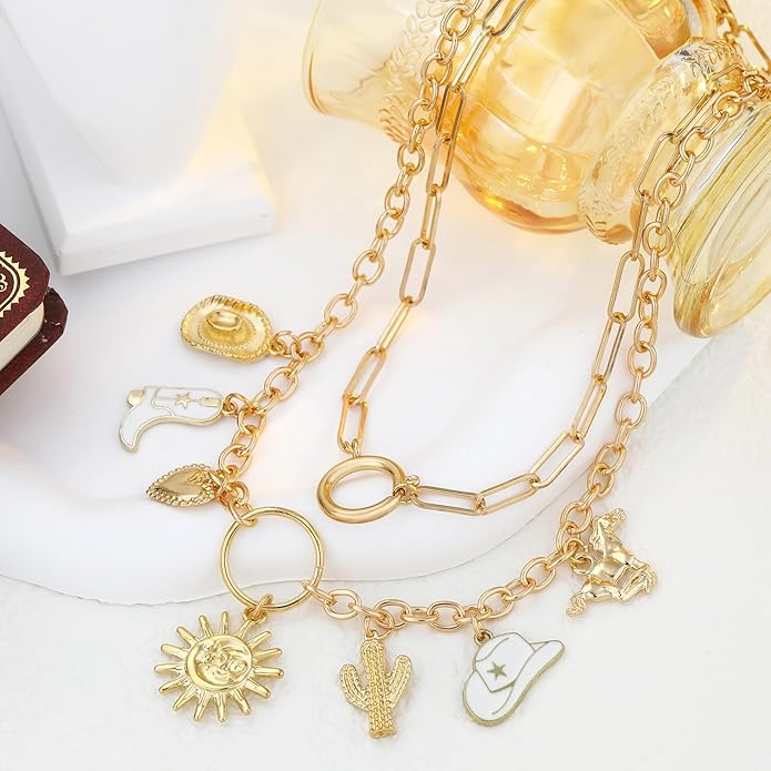 Chunky Gold Necklace for Women Gold Evil Eye Cowboy Pendant Necklace Dainty Paperclip Chain Vintage Luck Amulet Choker Necklaces Celestial Jewelry Gift