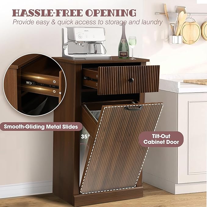 36" H Tilt Out Laundry Hamper Cabinet, Modern Fluted Trash Can Cabinets with Drawer, Wooden Hidden Garbage Cabinet for Kitchen and Bathroom (Brown, Single)