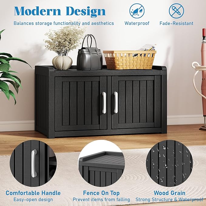 KAMABOKO Outdoor Shoe Storage Cabinet, Waterproof UV-Resistant Entryway Storage Bench Indoor Outdoor with 2 Barn Doors, Adjustable Shelves for Entryway, Bedroom, Hallway,Living Room(Black)