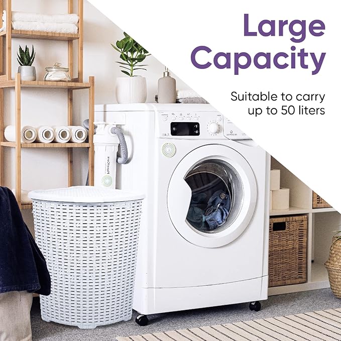 Plastic Corner Laundry Hamper with Lid, Curved Designed Laundry Basket, 2 Pack Triangle White Cloths Hamper Organizer with Cut-out Handles for Laundry Room Bedroom Bathroom, Wicker Design, 50 Liter