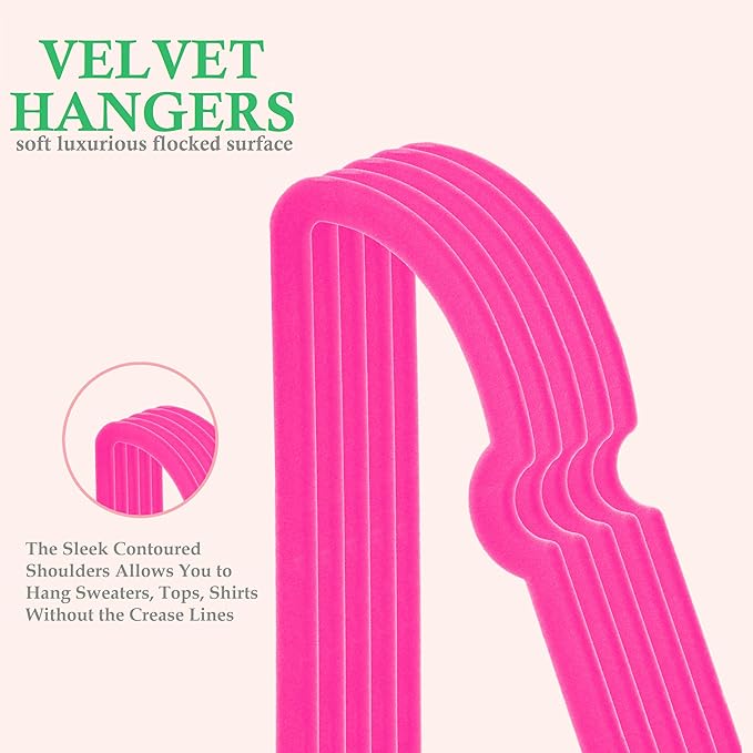 Hot Pink Velvet Hangers 50 Pack, Premium Non-Slip Heart Hanger, 360° Swivel Rose Gold Hooks, Space Saving Slim Hanger, Durable & Cute Clothes Hanger for Adult