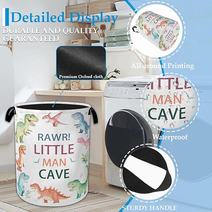 Cartoon Dino Laundry Basket Collapsible Laundry Hamper with Handles, Waterproof Oxford Cloth Storage Bin for Bathroom/Bedroom/Dormitories 16 X 20.8 Inch