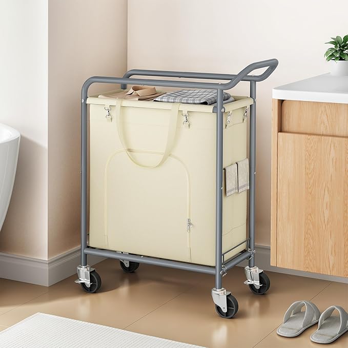 Laundry Basket with Wheels,150L Large Rolling Laundry Hamper, Heavy-Duty Laundry Cart Sturdy Metal Frame with Handle, Minimizes Bending Easy Access Clothing for Bedroom, Bathroom, Laundry Room (Beige)